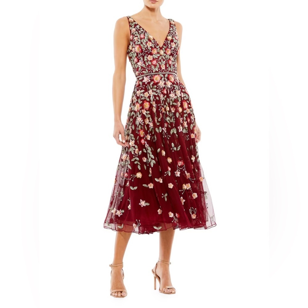 Mac Duggal Burgundy Floral Embroidered Midi Dress